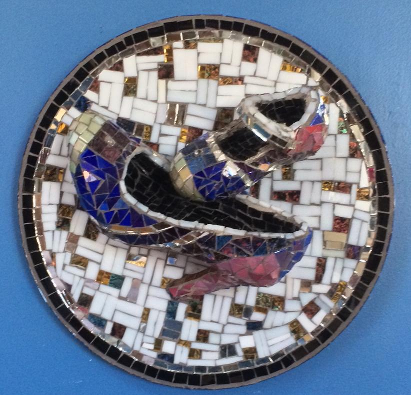 Mother-Daughter Party Shoes - 3d wall hanging made from real shoes, glass tile, stained glass.